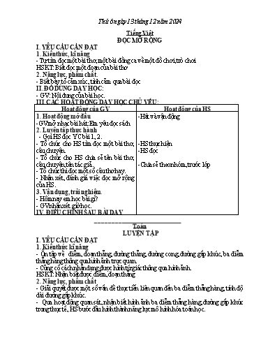 Giáo án Tiếng Việt + Toán + Hoạt động trải nghiệm 2 - Tuần 14 - Năm học 2024-2025