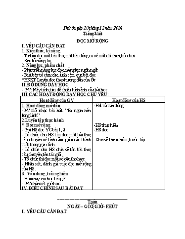 Giáo án Tiếng Việt + Toán + Hoạt động trải nghiệm 2 - Tuần 15 - Năm học 2024-2025