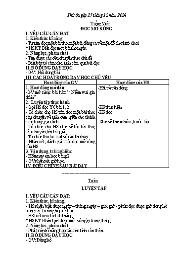 Giáo án Tiếng Việt + Toán + Hoạt động trải nghiệm 2 - Tuần 16 - Năm học 2024-2025
