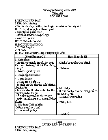 Giáo án Tiếng Việt + Toán + Hoạt động trải nghiệm 2 - Tuần 3 - Năm học 2024-2025