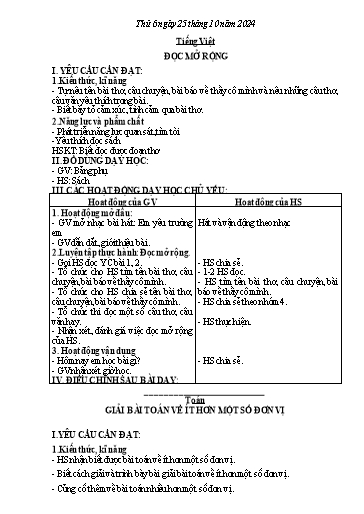 Giáo án Tiếng Việt + Toán + Hoạt động trải nghiệm 2 - Tuần 7 - Năm học 2024-2025