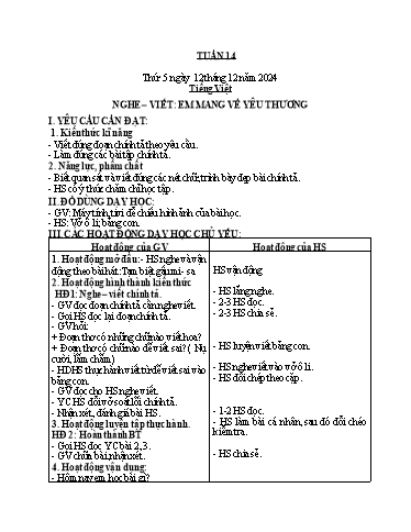 Kế hoạch bài dạy Hoạt động trải nghiệm + Tiếng Việt + Toán 2 - Tuần 14 - Năm học 2024-2025