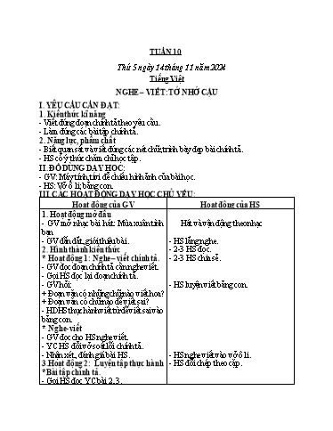 Kế hoạch bài dạy Tiếng Việt + Toán + Giáo dục kỹ năng sống 2 - Tuần 10 - Năm học 2024-2025