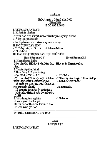 Kế hoạch bài dạy Tiếng Việt + Toán + Hoạt động trải nghiệm 2 - Tuần 25 - Năm học 2024-2025