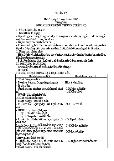 Kế hoạch bài dạy Tiếng Việt + Toán + Hoạt động trải nghiệm 2 - Tuần 17 - Năm học 2024-2025