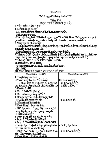 Kế hoạch bài dạy Tiếng Việt + Toán + Hoạt động trải nghiệm 2 - Tuần 20 - Năm học 2024-2025