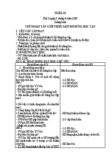 Kế hoạch bài dạy Toán+ Tiếng Việt + Hoạt động trải nghiệm 2 - Tuần 29 - Năm học 2024-2025
